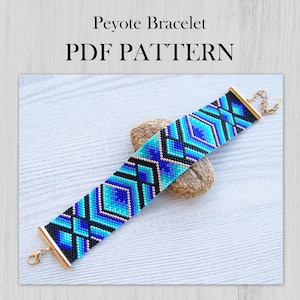 May include: A beaded peyote bracelet with a geometric pattern in shades of blue, turquoise, and black. The bracelet has gold-coloured metal end caps and a clasp. The text "Peyote Bracelet PDF PATTERN" is displayed above the bracelet.