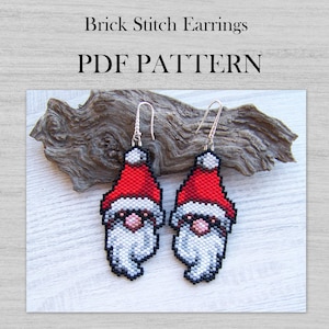 Christmas Gnome Brick Stitch Earrings PDF pattern, Winter Miyuki Delica Beaded Earring pattern, beadwork brick or Peyote stitch earrings PDF