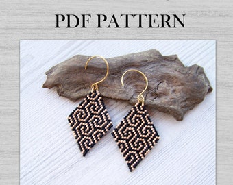 Black Gold Earrings pattern, Rhombus shape geometric Brick Stitch Miyuki Delica Beaded Earrings pattern, Boho PDF pattern, DIY