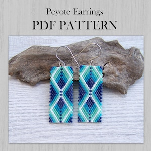 May include: Two rectangular Peyote earrings with a geometric pattern in shades of blue, teal, and white. The earrings are suspended from silver-colored ear wires. The image includes the text "Peyote Earrings PDF PATTERN".