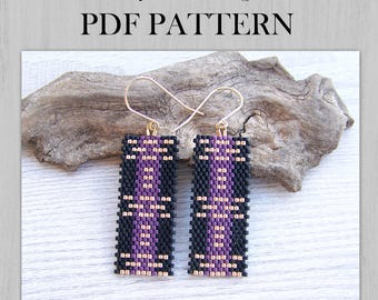 Padrão PDF de brincos de contagem par em ponto peiote abstrato, padrão geométrico Miyuki Delica com contas pretas, douradas e roxas, estilo moderno
