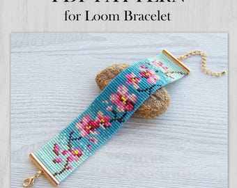 Sakura Loom Bead Pattern, Pink Flower print bracelet pattern, Floral Miyuki Delica Bracelet PDF Pattern, PDF Beading instant download