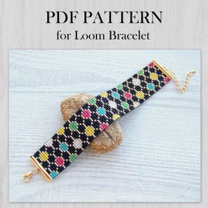 Patrón de pulsera de telar de burbujas coloridas, patrón de pulsera Miyuki Delica en PDF, brazalete de cuentas negro y multicolor, descarga instantánea