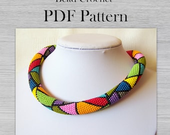 Schema PDF per collana colorata con perline all&#39;uncinetto, schema fai da te per corda all&#39;uncinetto con perline, schema moderno per perline di vetro colorate geometriche