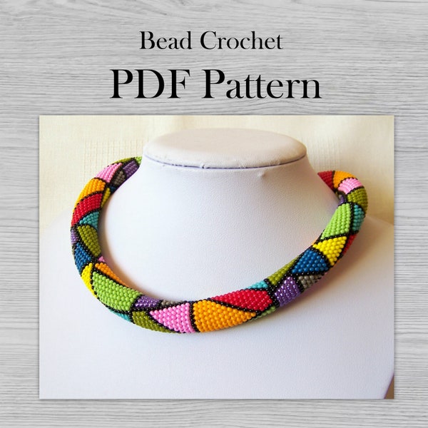 PDF Pattern for beaded crochet colorful necklace, DIY Seed bead crochet rope pattern, Modern Geometric stained glass beadwork pattern