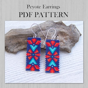 May include: Rectangular beaded earrings with a geometric pattern in red, turquoise, and navy blue. The earrings are suspended from silver-colored hooks. The image includes the text "Peyote Earrings PDF PATTERN".