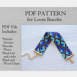 Blue Shades Rhombuses Loom bracelet pattern, Miyuki Delica Bracelet PDF Pattern, Beading blue ombre gradient wrist cuff instant download