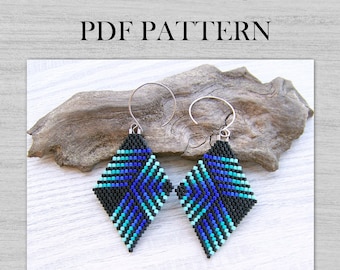 Pendientes de rombo abstracto geométrico azul turquesa patrón de puntada de ladrillo, Miyuki Delica diamante en forma de cuentas Boho ombre gradiente patrón PDF