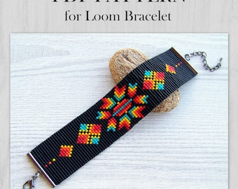 Geometric bracelet pattern, colorful ornaments in black Loom Beading Pattern, Miyuki Delica Bracelet PDF Pattern, Beading instant download