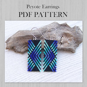 May include: Rectangular earrings with a black background and a geometric pattern in shades of blue and turquoise. The earrings are labeled "Peyote Earrings PDF PATTERN". The earrings have silver-colored ear wires.
