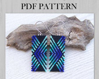 Blue Turquoise Geometric Abstract Peyote Stitch EVEN count Earrings PDF pattern, Blue Shades Miyuki Delica  Beaded pattern, blue ombre