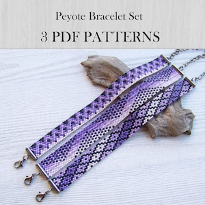 May include: Three beaded bracelets featuring purple, lavender, and white geometric patterns. Each bracelet has a metal clasp and chain. The text Peyote Bracelet Set 3 PDF PATTERNS is visible at the top of the image above the three bracelets.