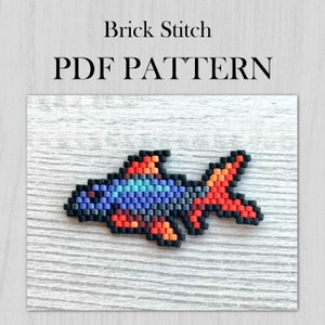May include: A colourful fish bead pattern in brick stitch. The fish is red, orange, blue, and black. The pattern is for a PDF download.