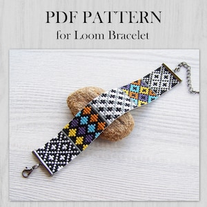Loom beading pattern, Patchwork modern Miyuki Delica beads Bracelet PDF Pattern, Beading black grey gold wrist cuff instant download