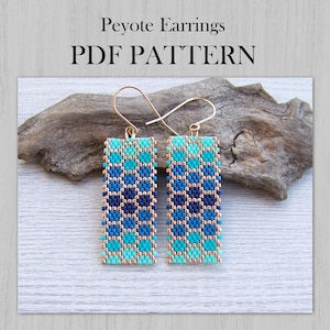 May include: A pair of rectangular beaded earrings featuring a geometric pattern in shades of turquoise, light blue, and dark blue, accented with metallic gold beads. The earrings hang from gold-toned ear wires. Text reads: Peyote Earrings PDF PATTERN.