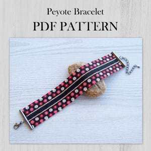 May include: A peyote bracelet PDF pattern featuring a geometric design with black, red, and cream beads. The bracelet has metal end caps and a chain extender. The text "Peyote Bracelet PDF PATTERN" is displayed at the top of the image.
