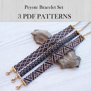 May include: Three beaded bracelets featuring geometric patterns in black and metallic rose gold. Each bracelet has a gold-tone metal clasp and chain extender. The text "Peyote Bracelet Set 3 PDF PATTERNS" is displayed at the top of the image.