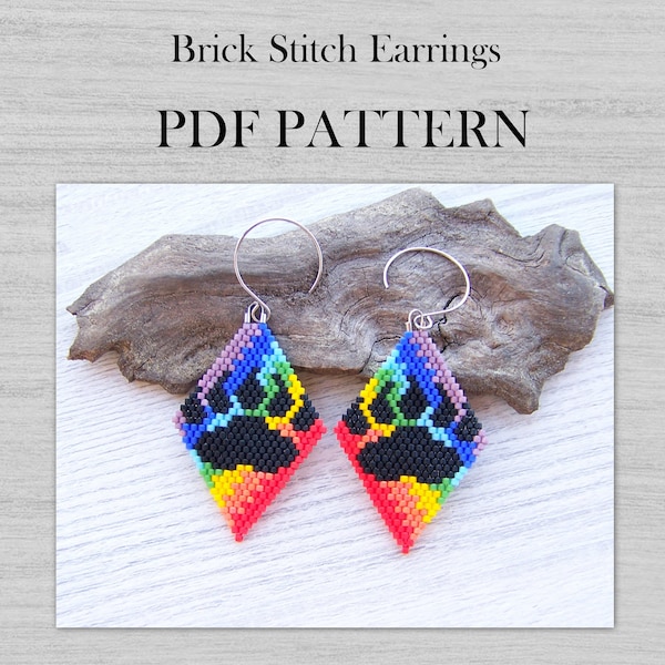 Rainbow Paw Brick Stitch Earrings PDF pattern, Modern Pride Rhombus Miyuki Delica Beaded Earring pattern, Colorful earrings PDF pattern