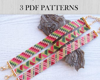 EVEN Count Peyote bracelet patterns, Set of 3 Geometric Miyuki Delica Bracelet PDF Pattern, Fill your wrist, Narrow red green bracelet Set