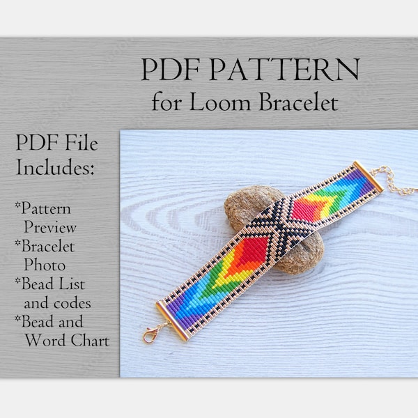 Rainbow Geometric Loom Bead Pattern, Miyuki Delica Bracelet PDF Pattern, Colorful Multi Color PDF Beading wrist cuff instant download