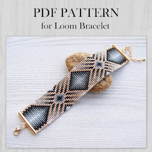 Modello per bracciale Grey Shades Loom, modello PDF per bracciale Miyuki Delica, download immediato di polsino geometrico con perline grigie sfumate