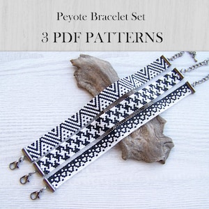 EVEN Count Peyote narrow bracelet patterns in black and white, Set of 3 Miyuki Delica Geometric Bracelet PDF Pattern, Fill your wrist