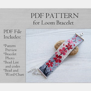 Floral Loom Bead Pattern, Red Flower in grey bracelet pattern, Miyuki Delica Bracelet PDF Pattern, PDF Beading wrist cuff instant download