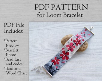 Motif de perles sur métier à tisser floral, fleur rouge en gris, modèle PDF de bracelet Miyuki Delica, téléchargement instantané de manchette en perles PDF