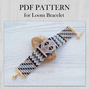 Loom beading pattern, Patchwork modern Miyuki Delica beads Bracelet PDF Pattern, Beading black grey gold wrist cuff instant download