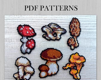 Set of Mushrooms Brick stitch patterns, 6 PDF Miyuki Delica Boletus, Button, Chanterelle, Fly Agaric, Morel, Oyster beading Graph Pattern