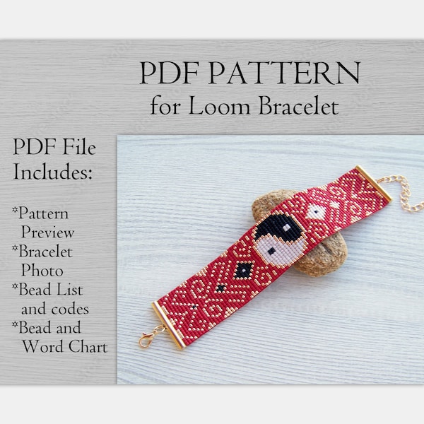 Yin and Yang Loom Beading Pattern, Red native Chinese  Style Miyuki Delica Bracelet PDF Pattern, PDF Beading instant download