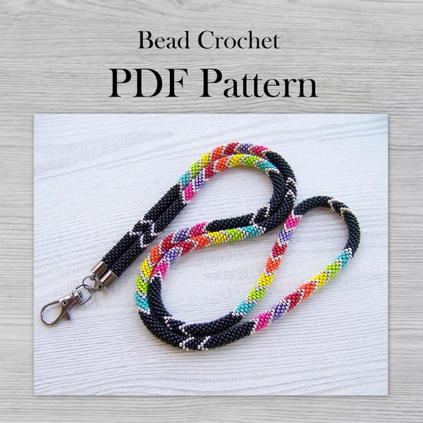 PDF for colorful lanyard or necklace, Bead Crochet Chevrons lanyard pattern, Crochet Rope pattern, DIY Seed Bead Project, colorful pattern