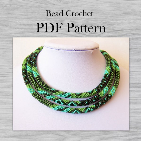 PDF Pattern for green Patchwork necklace, Crochet Rope Jewelry pattern, DIY Seed Bead Crochet Art Project, Seed beads necklace pattern