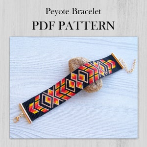 May include: A black, orange, and yellow peyote stitch bracelet with a gold clasp and extender chain. The bracelet is on a wooden surface. The text "Peyote Bracelet PDF PATTERN" is above the bracelet.