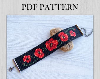 Poppy flowers Peyote EVEN Count bracelet pattern, Miyuki Delica PDF Pattern, Beading red black flora pattern wrist cuff download