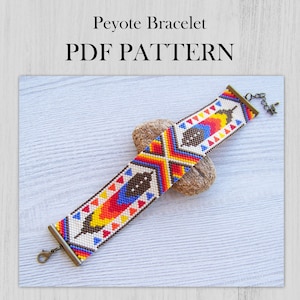 May include: A colorful Peyote bracelet PDF pattern. The beaded bracelet features a geometric design with red, yellow, blue, and white beads. The text "Peyote Bracelet PDF PATTERN" is displayed at the top of the image.