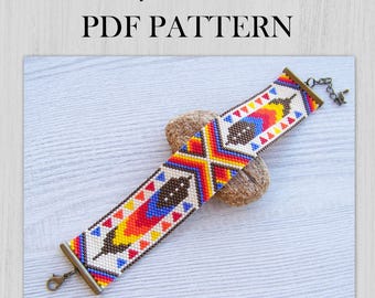 Ethnic Style Peyote Bead Pattern, ODD Count Miyuki Delica Bracelet PDF Pattern, Native feathers bracelet pattern, PDF Beading download