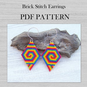 May include: Rainbow colored brick stitch earrings with a spiral design. PDF pattern for making the earrings.