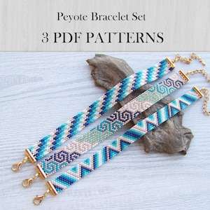 May include: Three beaded peyote bracelets in shades of blue, teal, and gold, with intricate geometric patterns. The bracelets have gold-colored clasps and are displayed on a light wood surface. Text at the top reads "Peyote Bracelet Set" and "3 PDF PATTERNS."