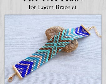 Blue Shades Geometric Loom bracelet pattern, Miyuki Delica Bracelet PDF Pattern, Beading blue ombre gradient wrist cuff instant download