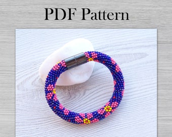 Bead crochet bracelet pattern, Flowers pattern for bracelet, PDF files for bead crochet rope, modern summer style jewelry pattern