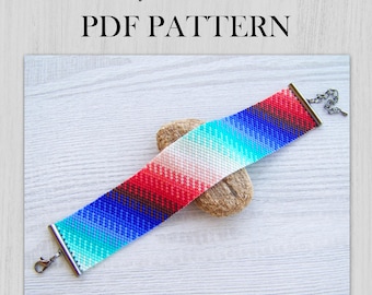 Pulseira com padrão geométrico de peiote multicolorido, Pulseira EVEN Count Miyuki Delica em PDF, Download instantâneo de gradiente de vermelho para azul