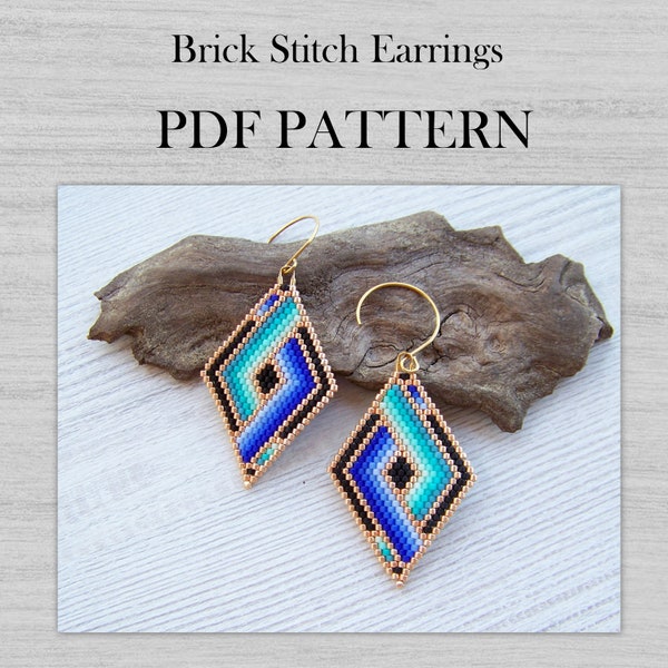 Rhombus Earrings pattern, Blue Turquoise Shades Brick Stitch Miyuki Delica Beaded Earrings pattern, Boho ombre gradient PDF pattern