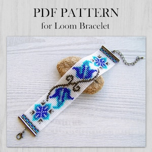 Floral Loom Bead Pattern, Ethnic blue flowers in crystal white Miyuki Delica Bracelet PDF Pattern, Flower print bracelet pattern