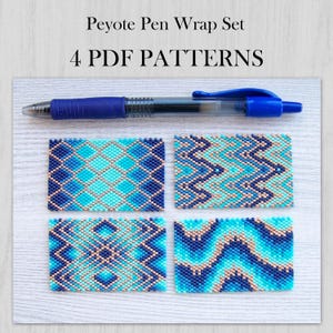 May include: A Peyote Pen Wrap Set 4 PDF PATTERNS featuring a blue ballpoint pen and four rectangular beaded patterns in shades of blue, turquoise, and metallic gold, displaying diamond, chevron, geometric, and wavy designs.