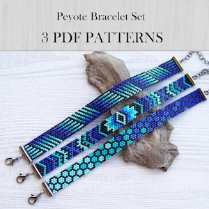 May include: Three beaded Peyote bracelets in shades of blue and turquoise, with geometric patterns. The bracelets have silver-tone clasps and are displayed on a wooden surface. The text "Peyote Bracelet Set" and "3 PDF PATTERNS" is visible.