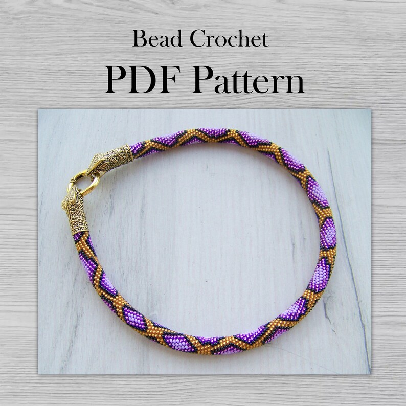 May include: A purple and gold beaded necklace with a snake-like clasp. Bead Crochet PDF Pattern.