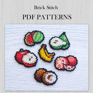 May include: Beaded fruit patterns, such as an apple, banana, and kiwi, are shown. The text "Brick Stitch PDF PATTERNS" is in black. The patterns are displayed on a light wood-grain surface.