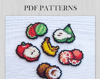 Set of Fruits Brick stitch patterns, 6 PDF Miyuki Delica Apple, Banana, Coconut, Orange, Pear and Watermelon beading Graph Patterns