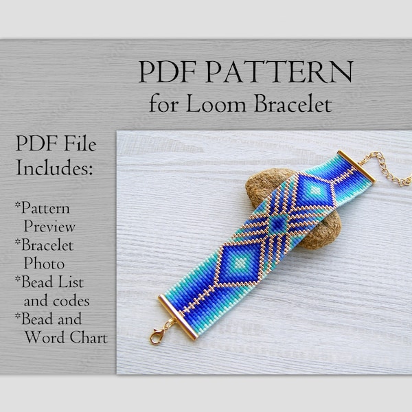 Blue Gradient Loom bracelet pattern, Miyuki Delica Bracelet PDF Pattern, Beading blue ombre geometric wrist cuff instant download